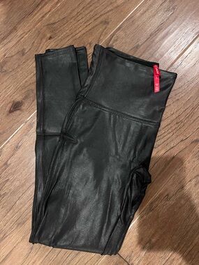 SPANX Black Faux Leather Leggings with Red Size Tag